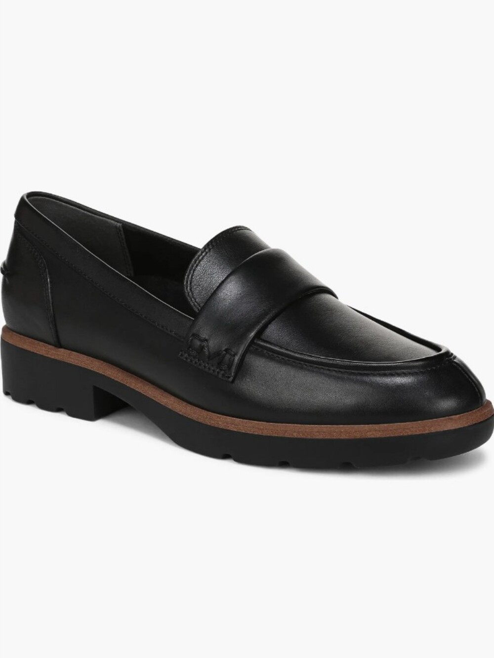 Vionic Black Leather Penny Loafers with Brown Trim